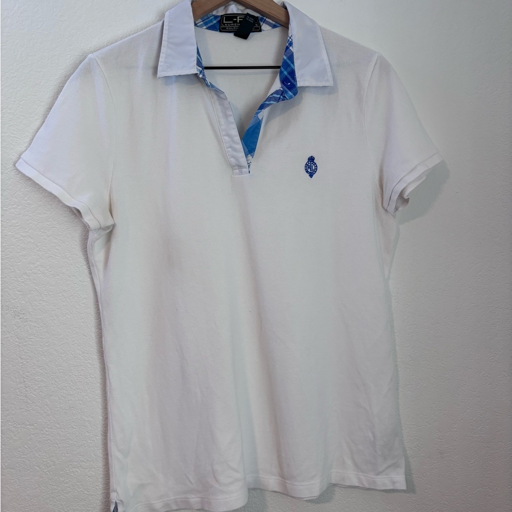 L-RL Lauren Active Polo Shirt Women’s Size Large White Plaid 100% Cotton